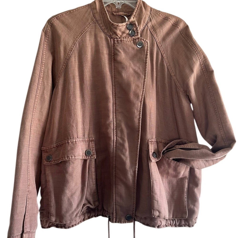 Free People Fawn Brown Utility Jacket Linen Blend Women’s Size S Lined Loose Fit
